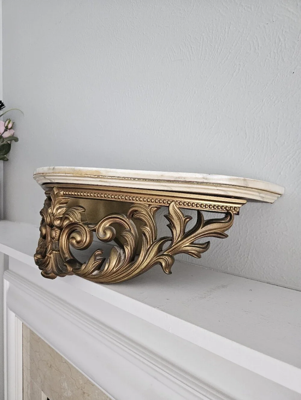 Vintage Turner Manufacturing Ornate Gold Half Moon Wall Shelf With Marble Top